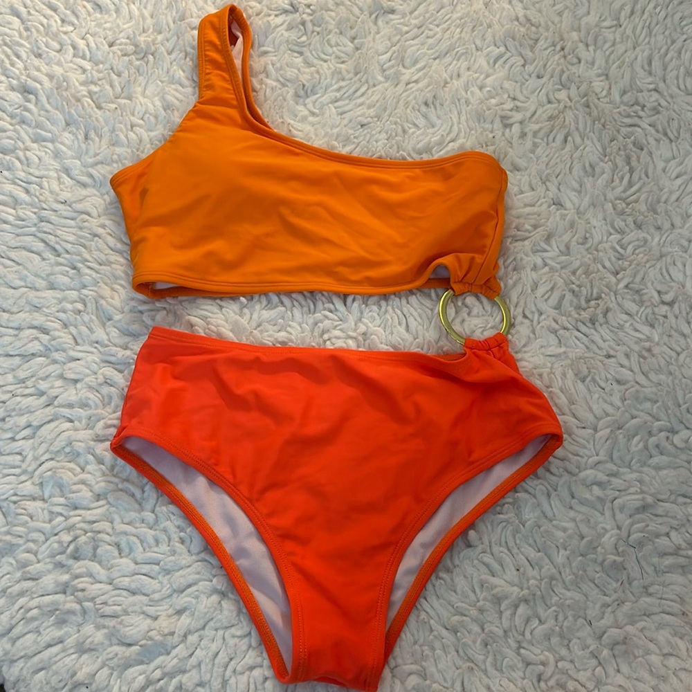 Women’s Hot Neon Orange Sexy One Piece with Gold Piece Small